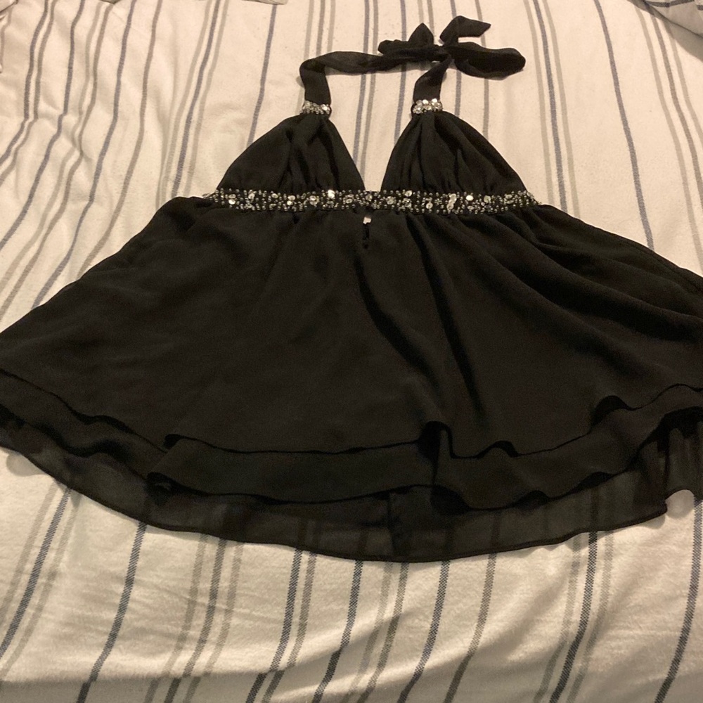Black Halter Babydoll Lingerie with Beaded Detail & matching thong .